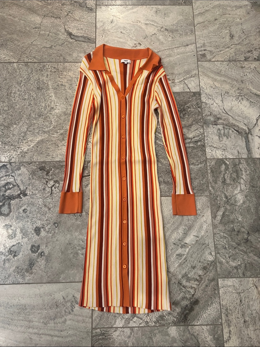 SUNCOO Striped Button-Front Knit Dress in Orange, Cream and Brown